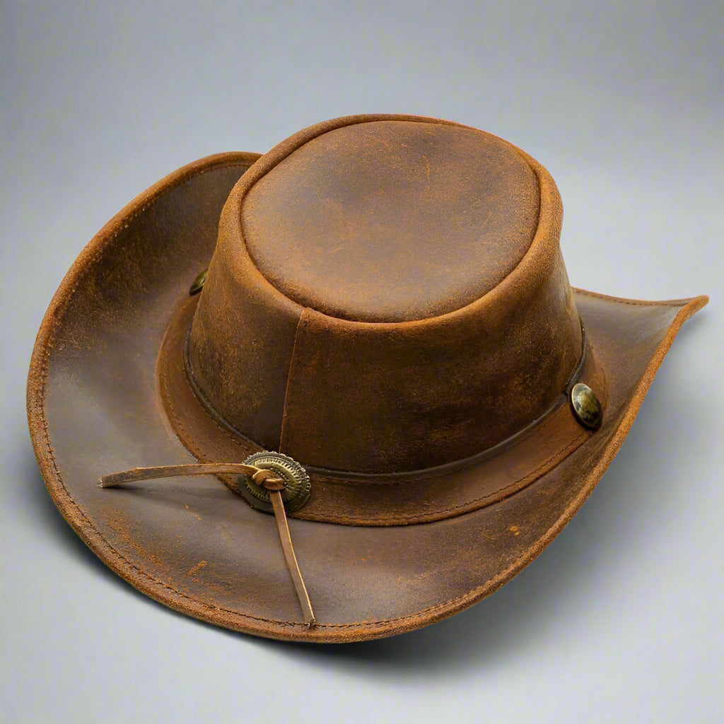 Genuine Cowhide Leather Handmade Western Outback Cowboy Hat, Drifter, Mocha
