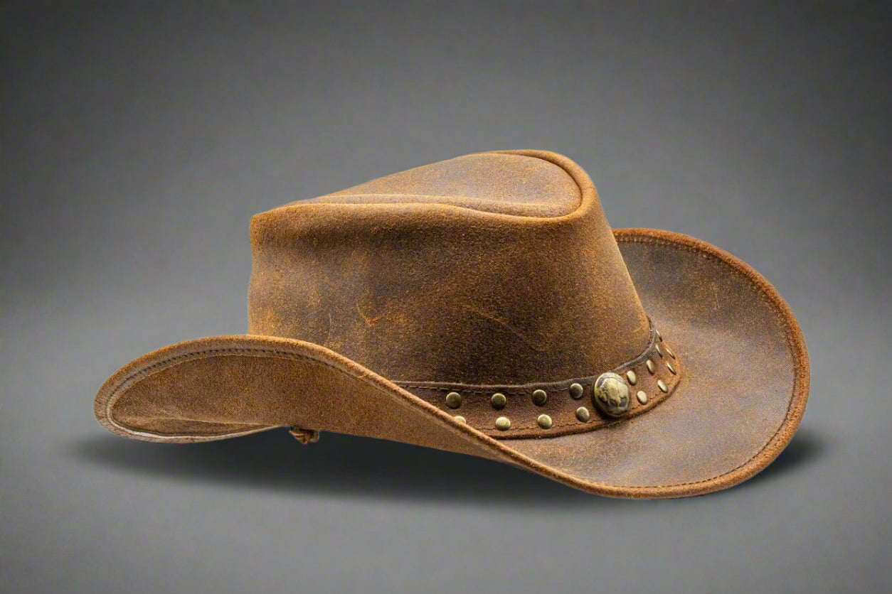 Genuine Cowhide Leather Handmade Western Outback Cowboy Hat, Drifter, Mocha