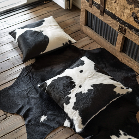 Black Bundle: Brazilian Cowhide Rug + Pair of 50x50 cm Cowhide Cushions