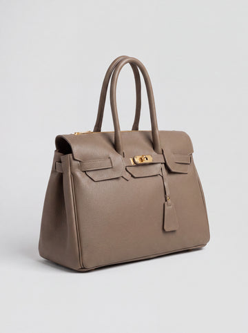 Valentina Maxi Leather Tote in Taupe, three-quarter studio view