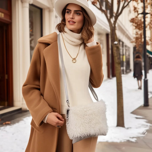 Sheepskin Crossbody Bag Clutch, Ivory and Grey