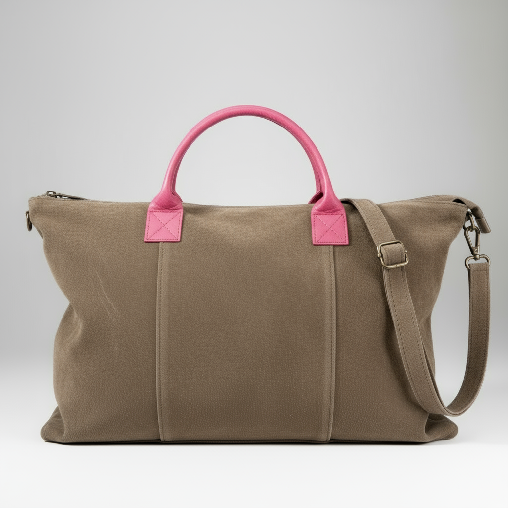 Milano Suede Bag, Taupe, with Adjustable Shoulder Strap, Fuchsia & Green Leather Handles by Clemés