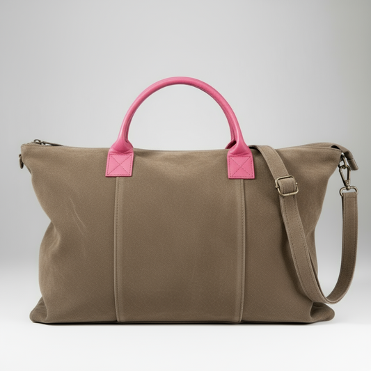 Milano Suede Bag, Taupe, with Adjustable Shoulder Strap, Fuchsia & Green Leather Handles by Clemés