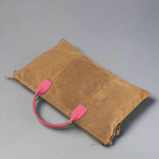 Milano Suede Bag, Tan, with Adjustable Shoulder Strap, Fuchsia & Green Leather Handles by Clemés
