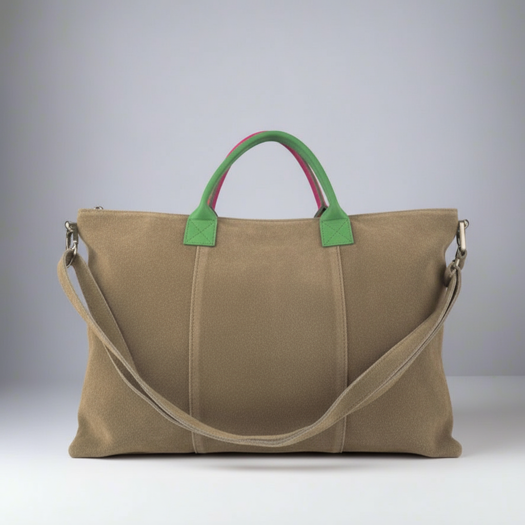 Milano Suede Bag, Taupe, with Adjustable Shoulder Strap, Fuchsia & Green Leather Handles by Clemés
