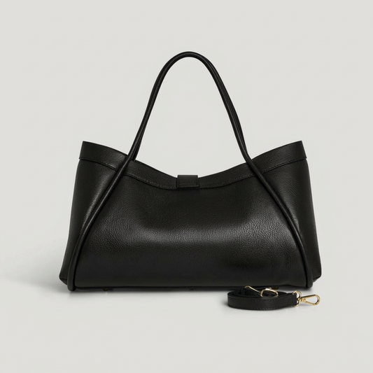 Bianca Large Leather Handbag by Clemés in Black, studio shot with strap