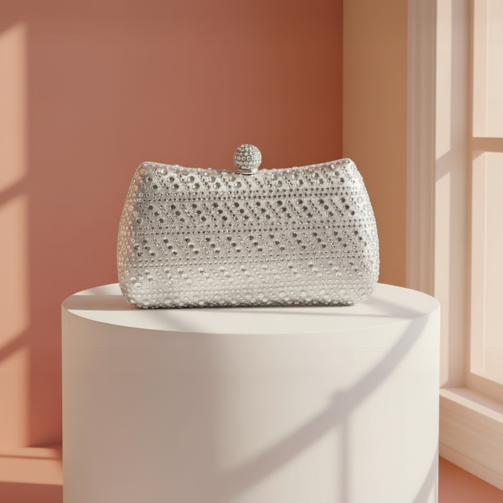 Vittoria Crystal Clasp Studded Clutch Bag, Silver, by Clemés