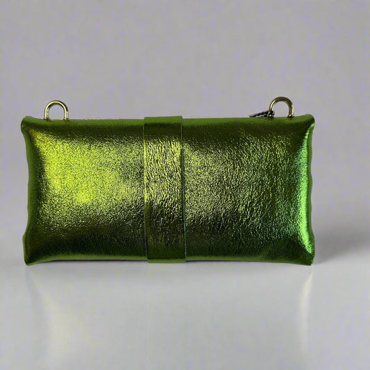 Anima Suede Leather Metallic Clutch Shoulder Bag by Clemés in Apple Green, studio shot on grey background