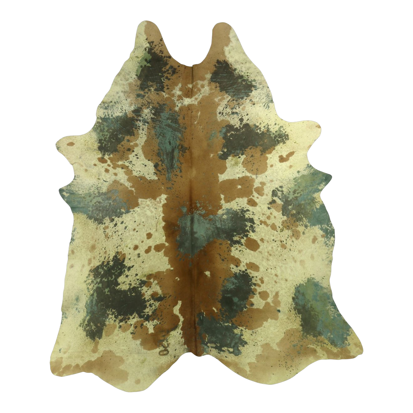 Acid wash green and tan cowhide rug, cut-out on transparent background