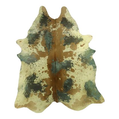 Acid wash green and tan cowhide rug, cut-out on transparent background