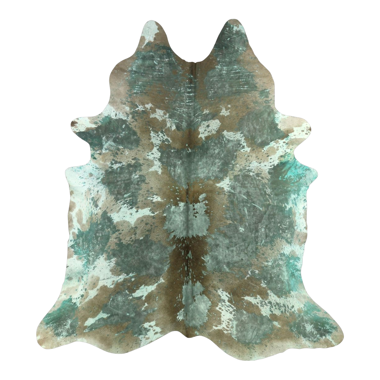 Acid wash teal cowhide rug, cut-out on transparent background