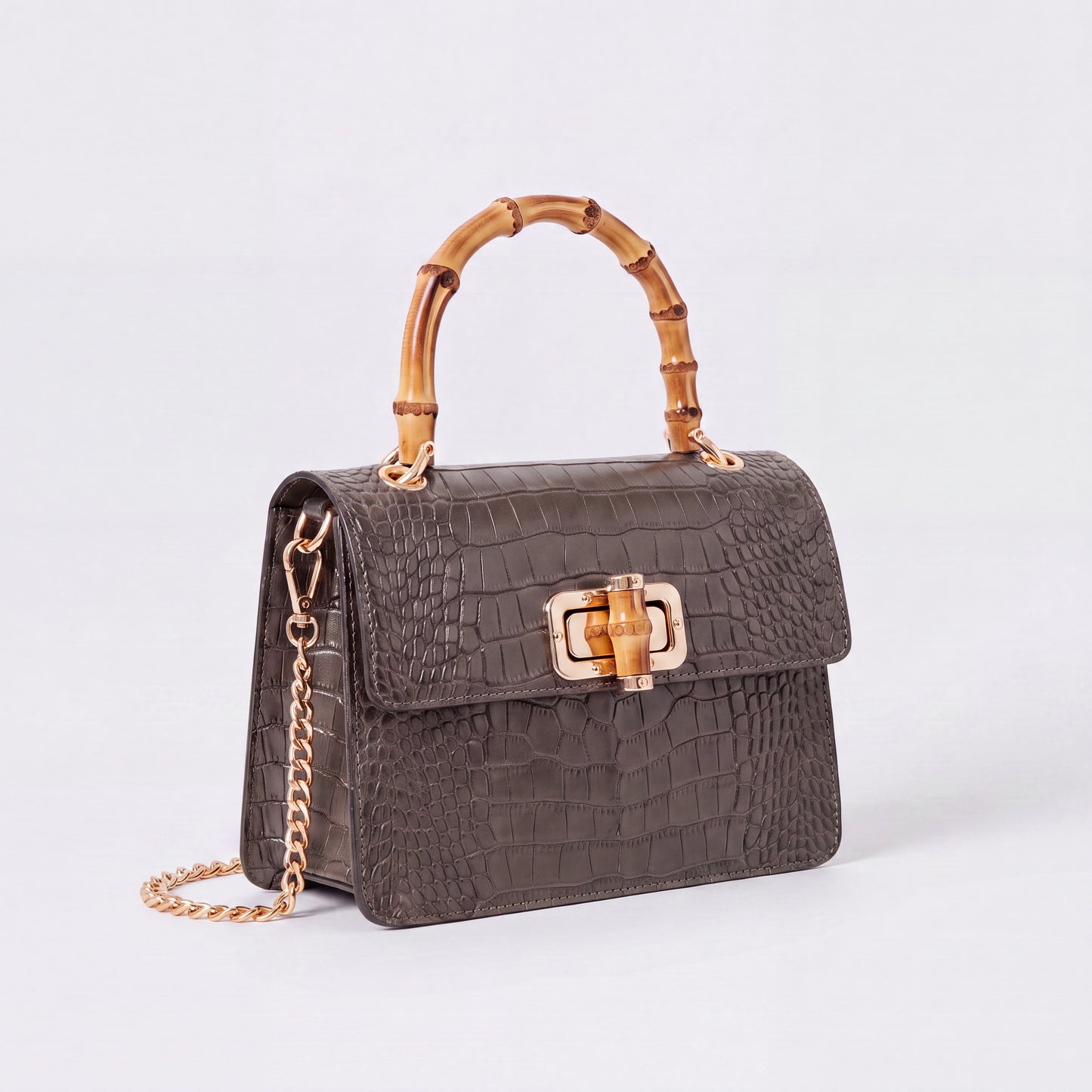 Dark Taupe Clotilde Bamboo Croc Handbag by Clemés, studio shot