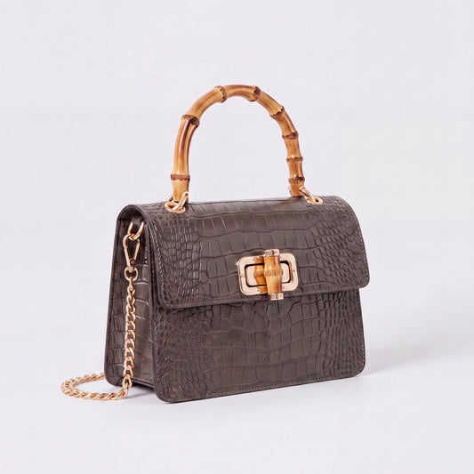 Dark Taupe Clotilde Bamboo Croc Handbag by Clemés, studio shot