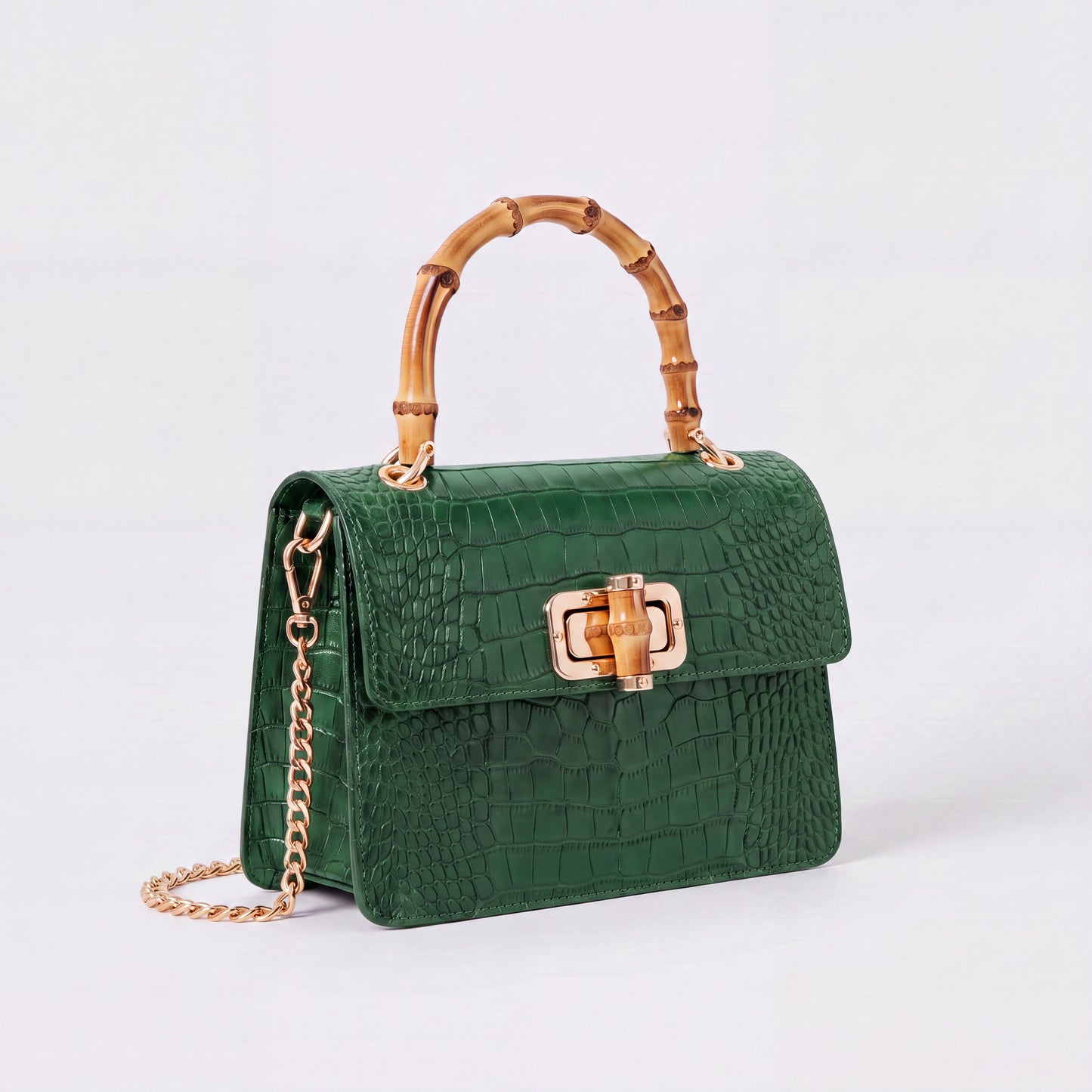 Green Clotilde Bamboo Croc Handbag by Clemés, studio shot