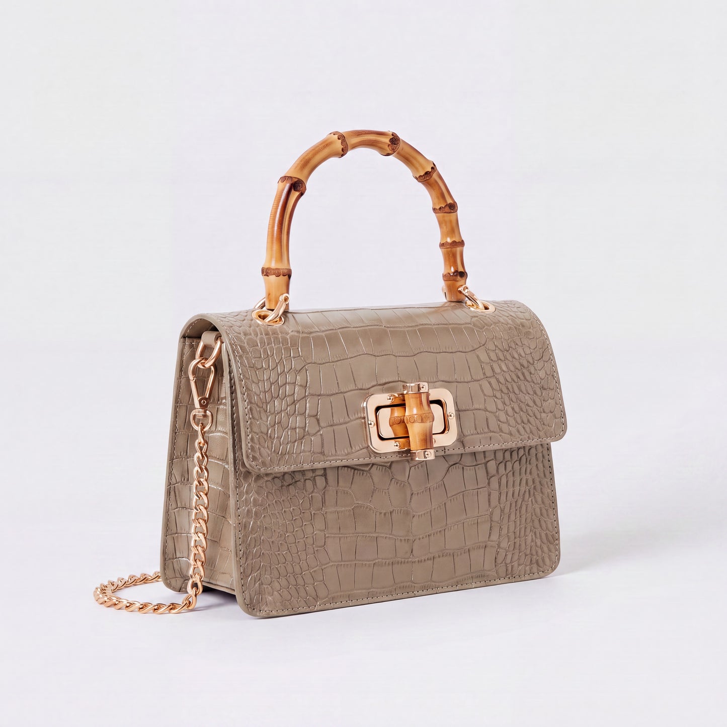 Light Taupe Clotilde Bamboo Croc Handbag by Clemés, studio shot