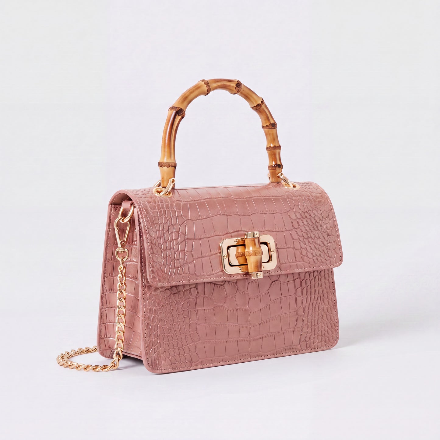 Smoke Rose Clotilde Bamboo Croc Handbag by Clemés, studio shot