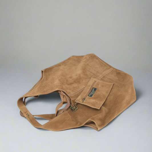 Giannina Suede Leather Shoulder Tote Bag With Internal Pouch by Clemés (Tan)