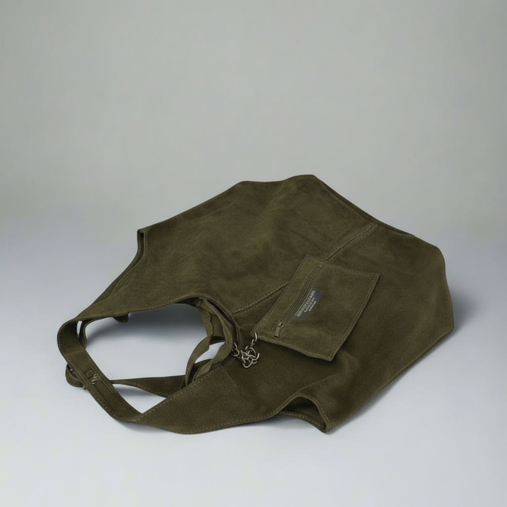 Giannina Suede Leather Shoulder Tote Bag With Internal Pouch by Clemés (Dark Olive)