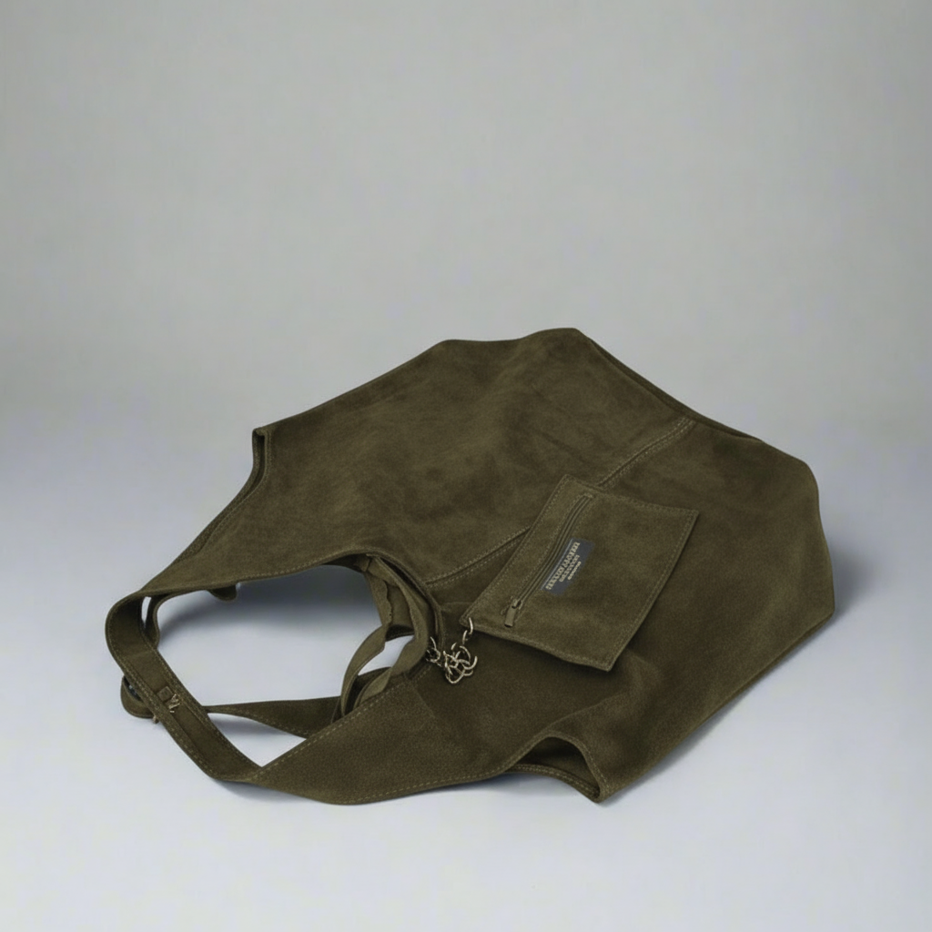 Giannina Suede Leather Shoulder Tote Bag With Internal Pouch by Clemés (Dark Olive)
