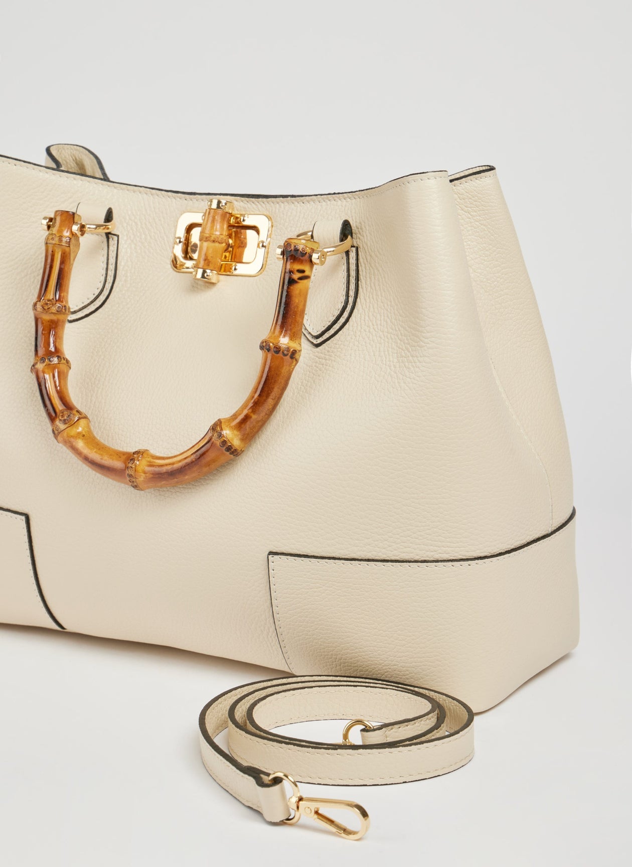 Ginevra Bamboo-Handle Leather Bag by Clemés in White, studio shot with strap
