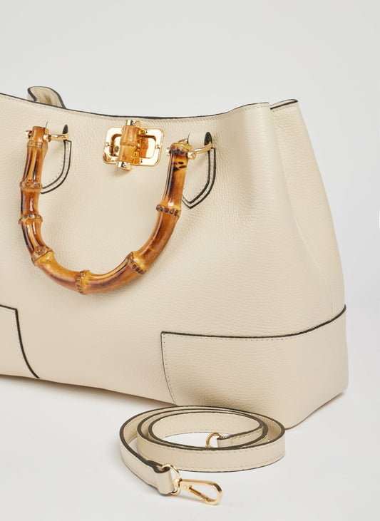 Ginevra Bamboo-Handle Leather Bag by Clemés in White, studio shot with strap