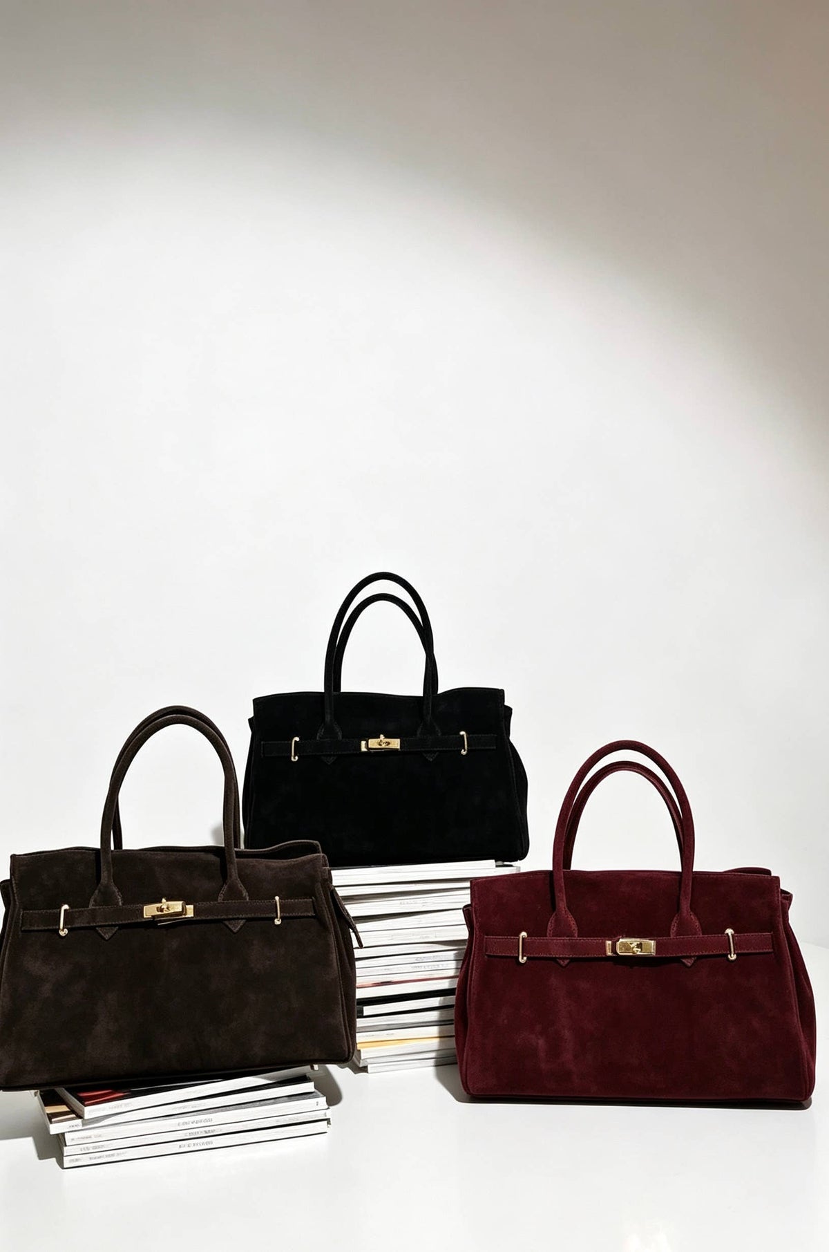 Zoe Suede Tote by Clemés - Dark Brown, Black and Burgundy together