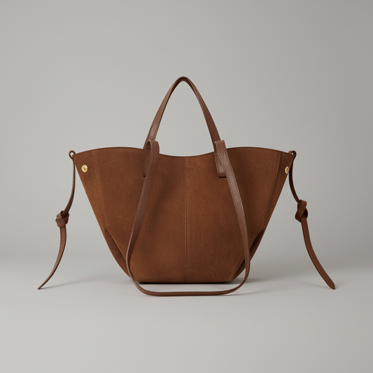 Liviana Suede & Leather Tote Bag by Clemés in Chocolate, three-quarter studio shot on grey background