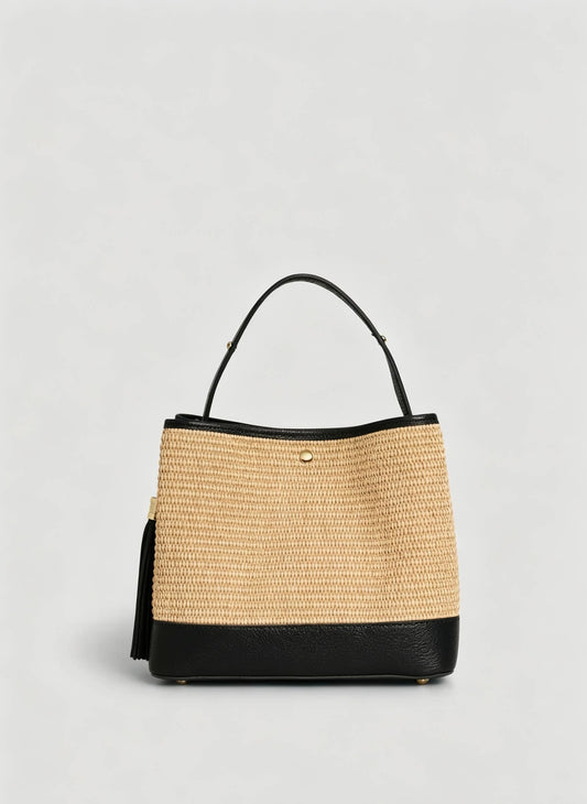 Cosima Raffia & Leather Bag by Clemés in Black, small studio shot