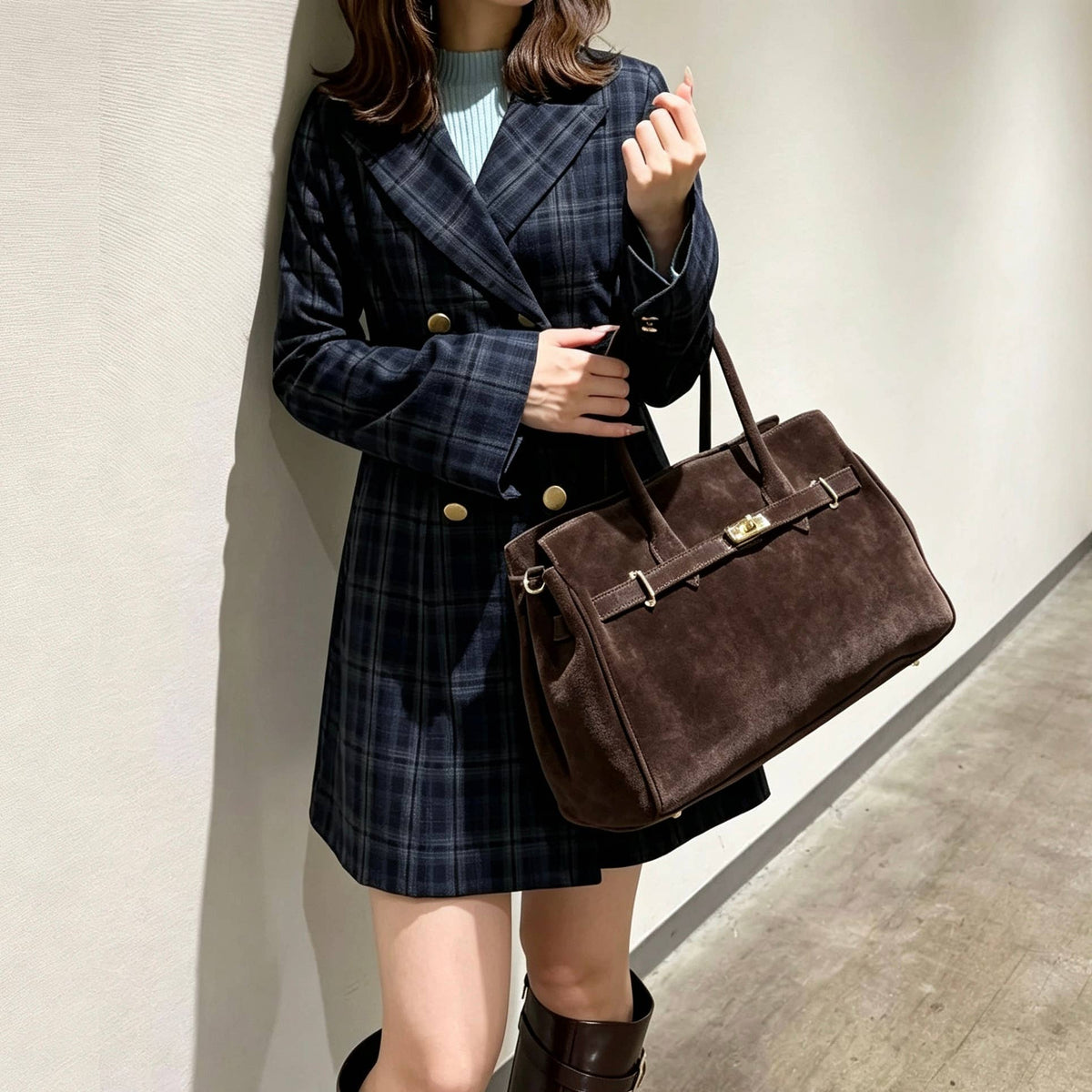 Zoe Suede Tote by Clemés - Dark Brown - lifestyle, checked blazer