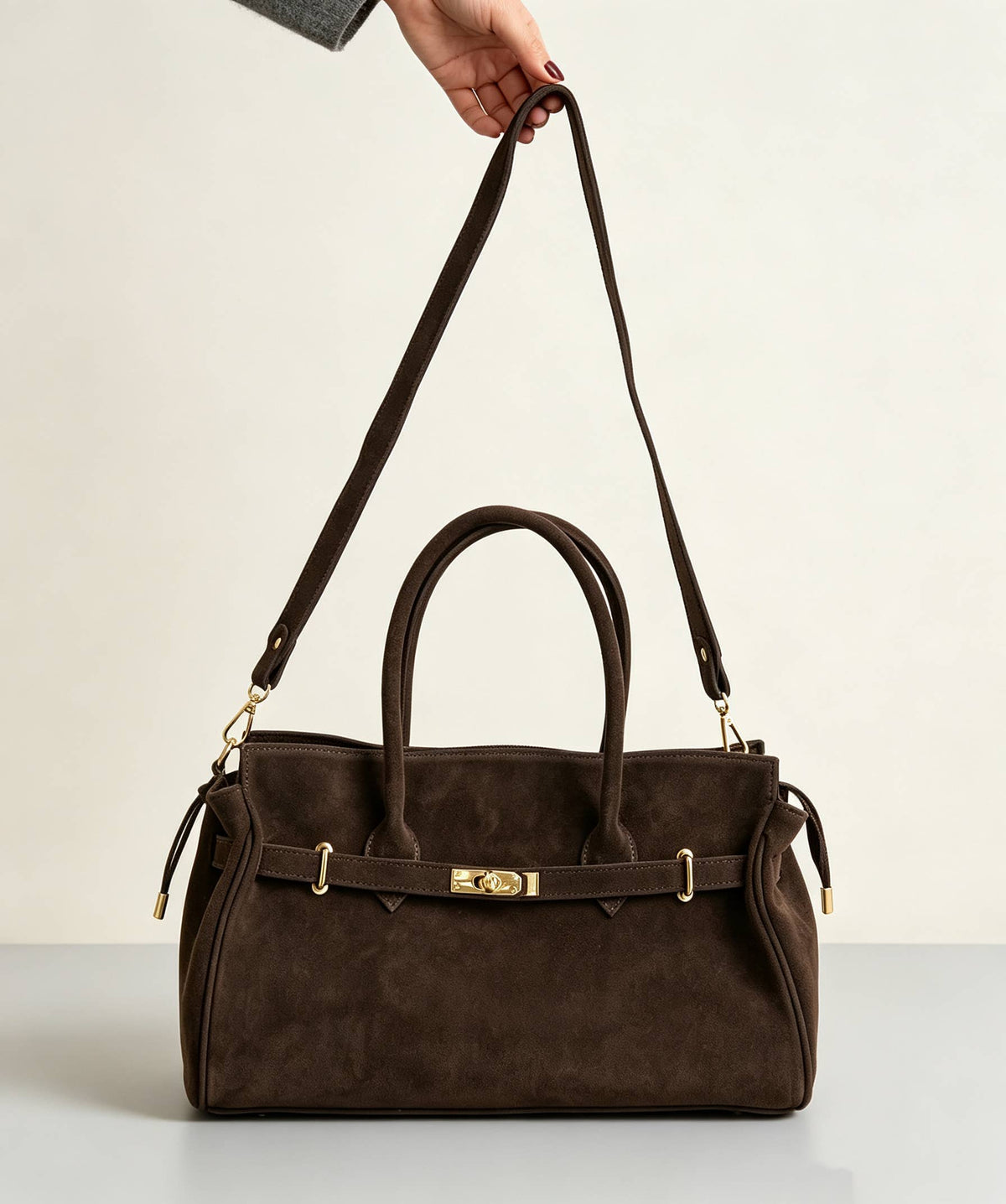 Zoe Suede Tote by Clemés - Dark Brown - with removable shoulder strap
