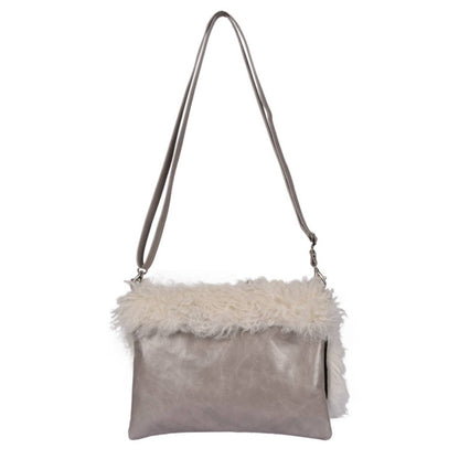 Sheepskin Crossbody Bag Clutch, Ivory and Grey