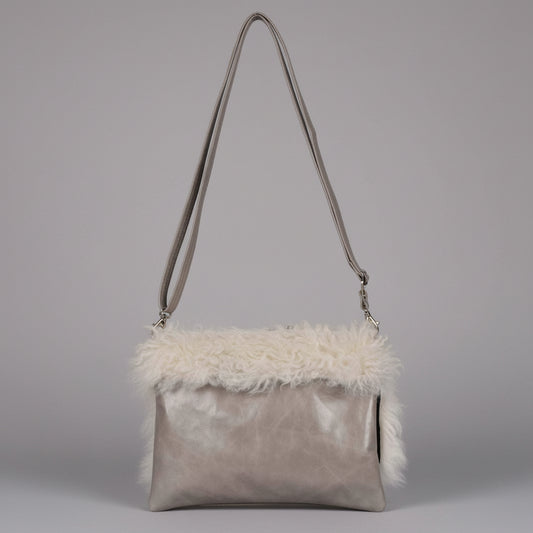 Sheepskin Crossbody Bag Clutch, Ivory and Grey