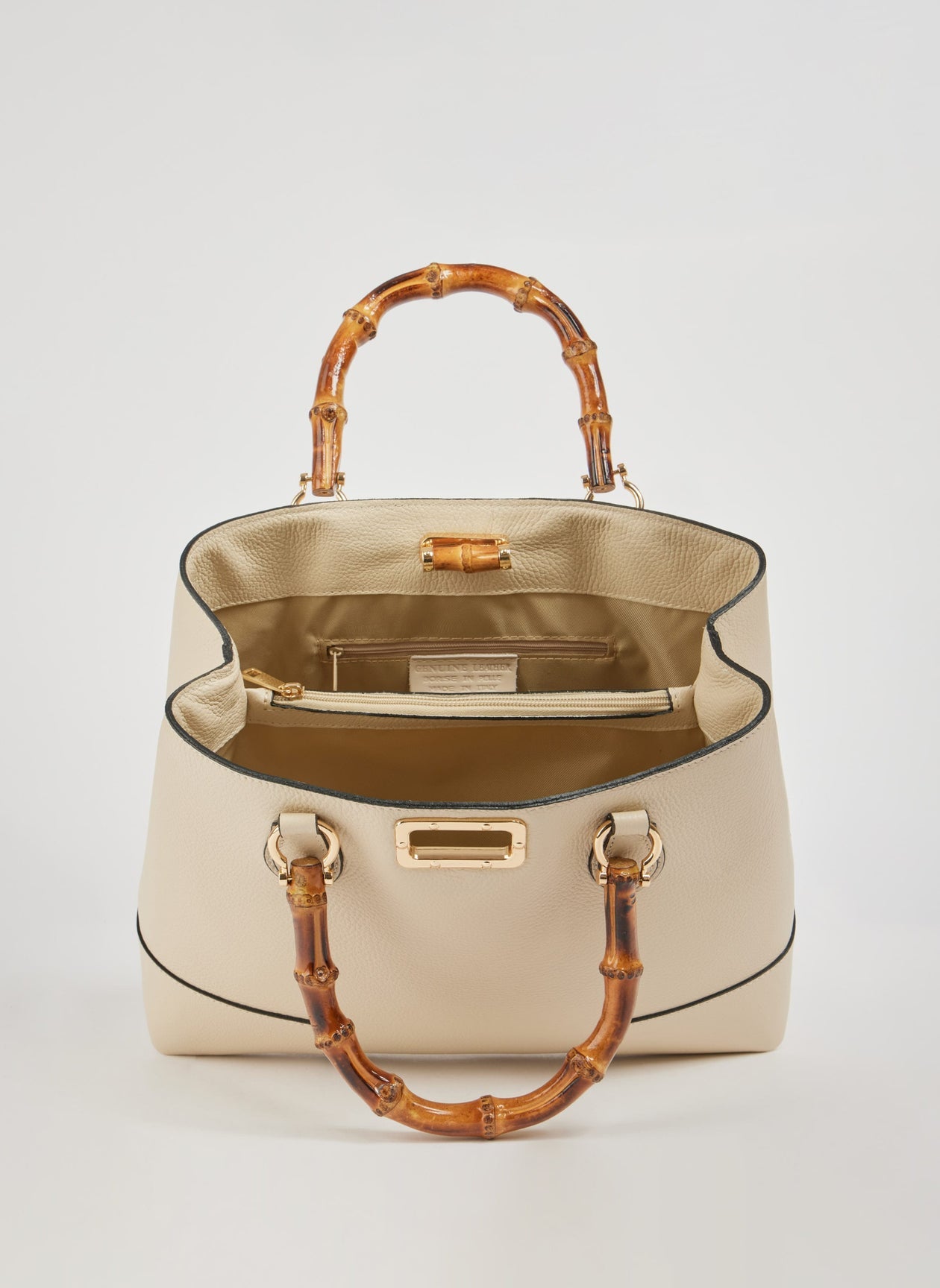 Ginevra Bamboo-Handle Leather Bag by Clemés in White, interior view