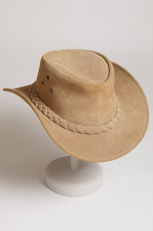 Suede Leather Handmade Outback Western Cowboy Hat, Maven, Camel
