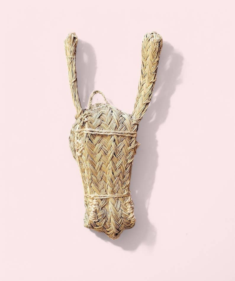 Handwoven Straw Donkey Head Wall Decor –Rustic Animal Trophy