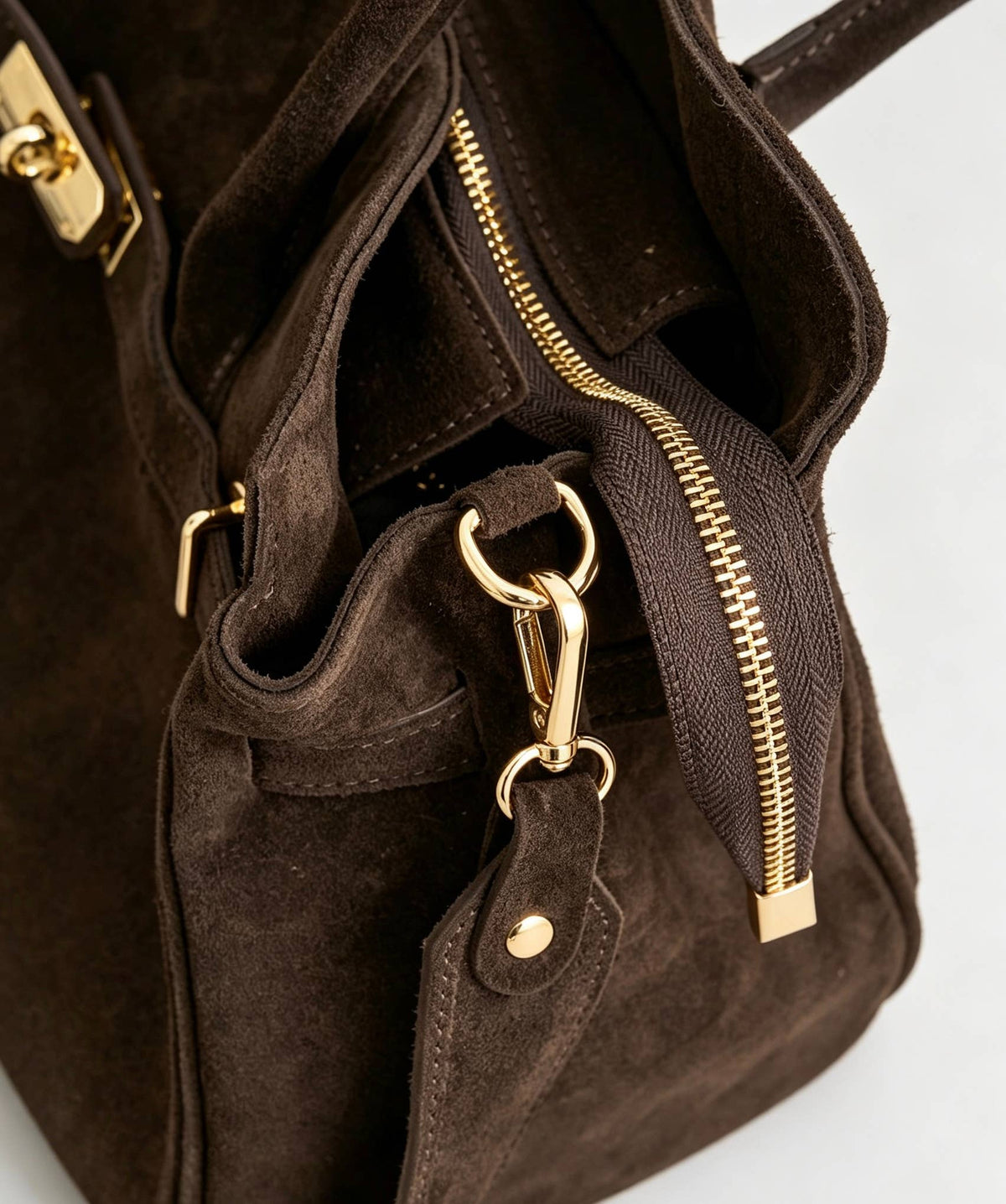 Zoe Suede Tote by Clemés - Dark Brown - side and zip detail