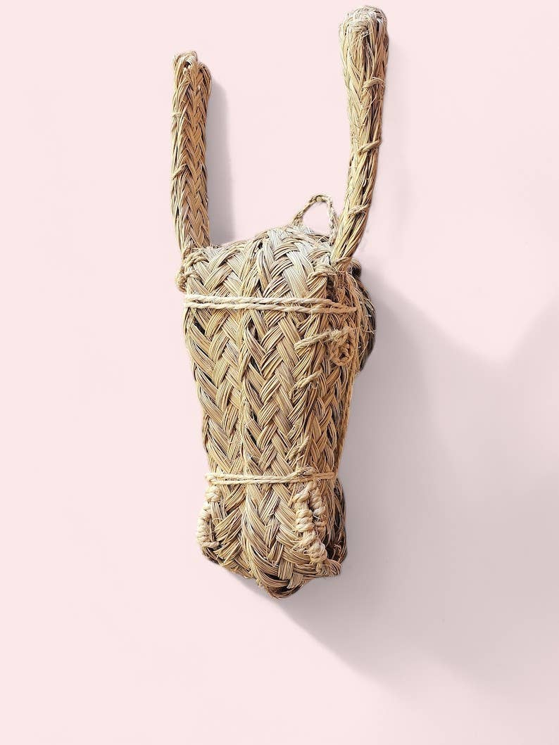 Handwoven Straw Donkey Head Wall Decor –Rustic Animal Trophy