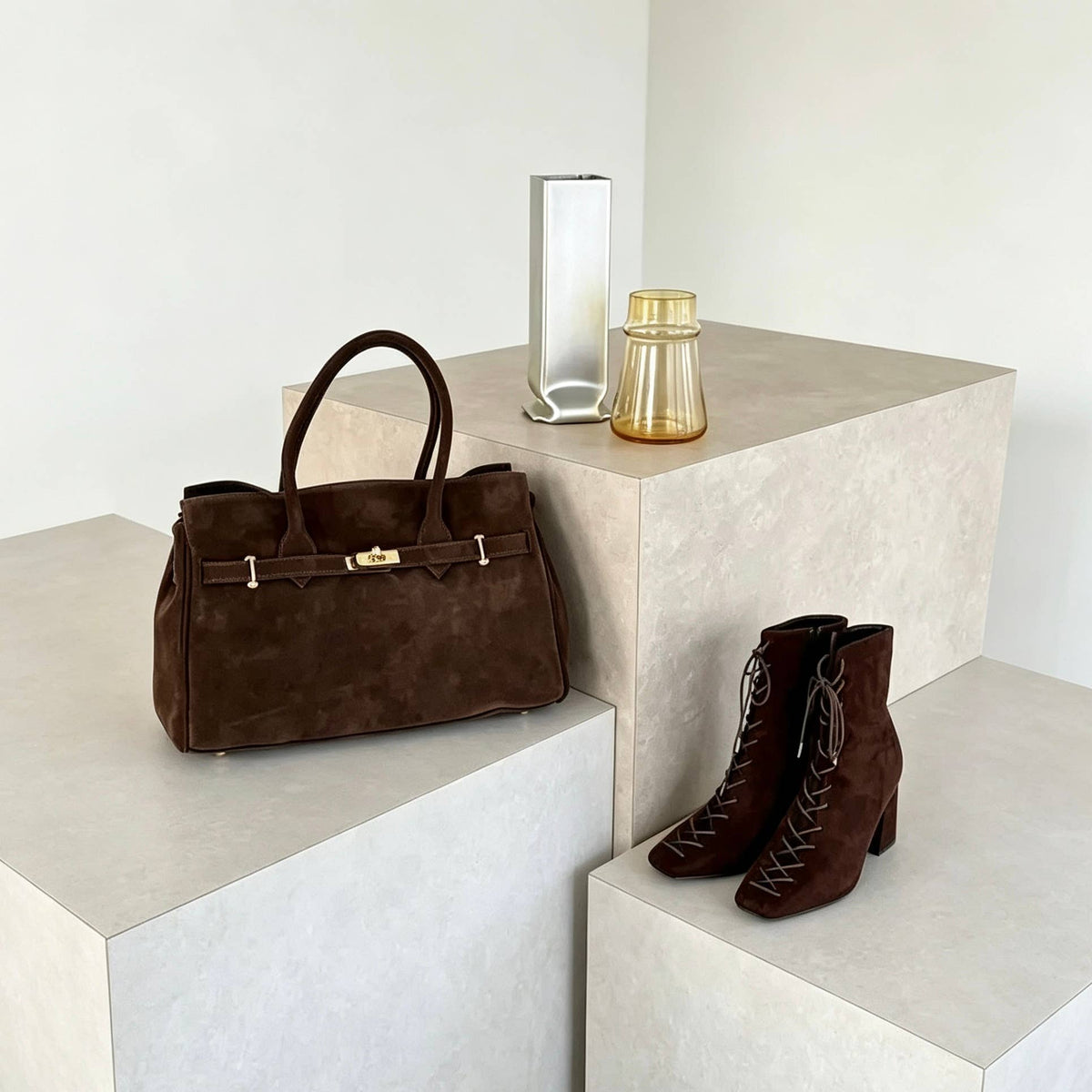 Zoe Suede Tote by Clemés - Dark Brown - styled with boots
