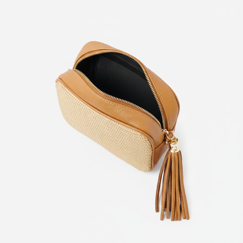 Éloise Raffia & Leather Tassel Camera Crossbody Bag by Clemés