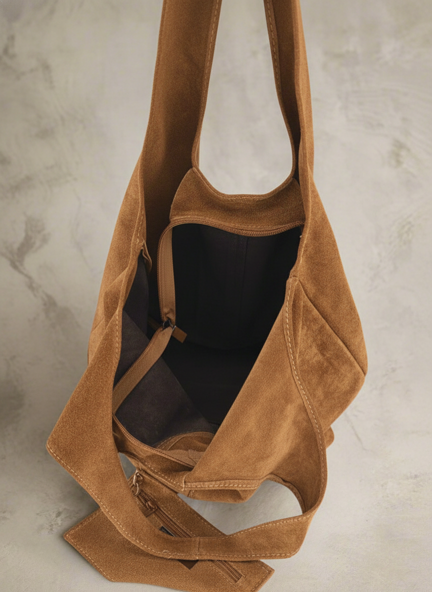 Giannina Suede Leather Shoulder Tote Bag With Internal Pouch by Clemés (Tan)