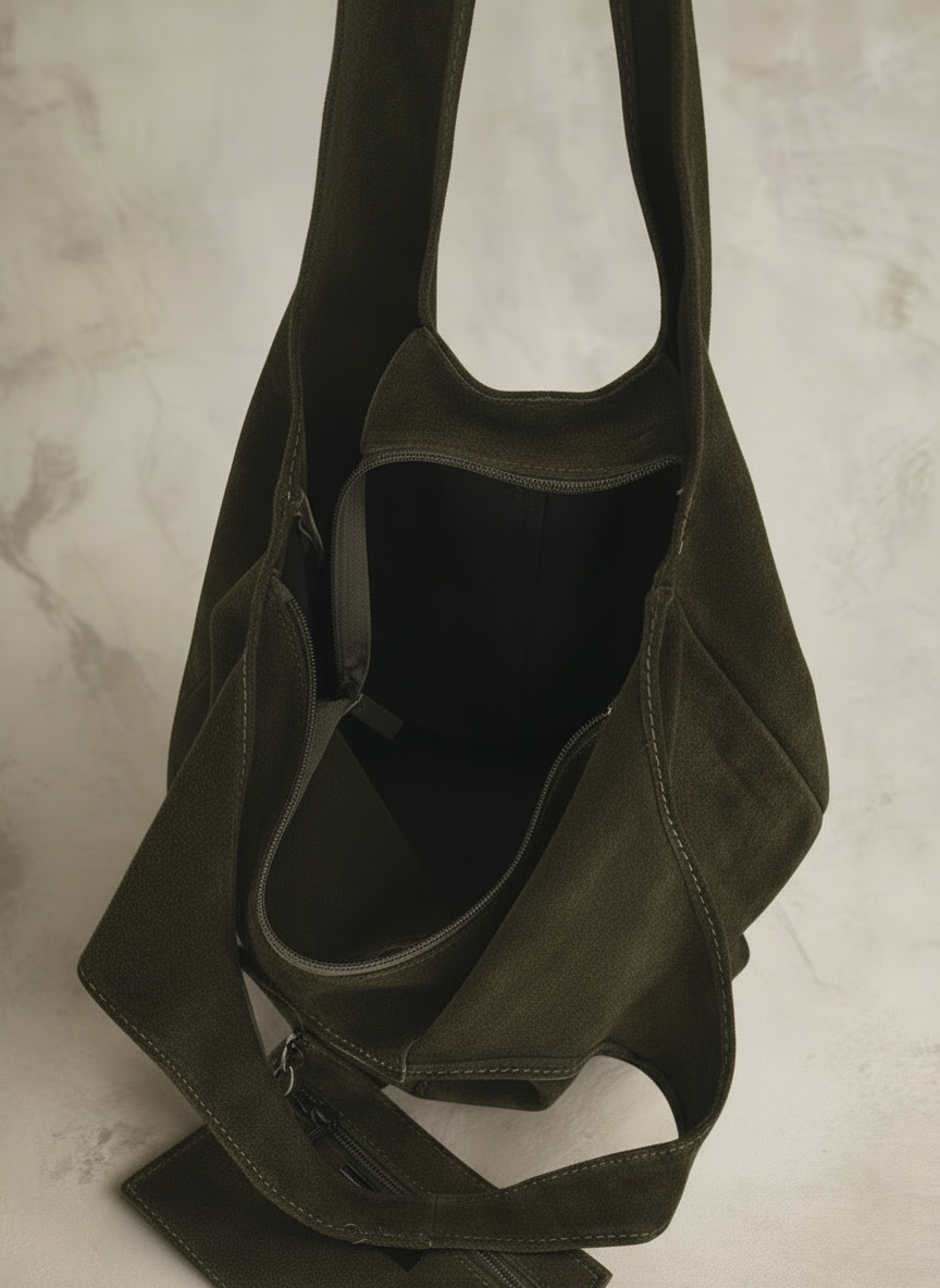 Giannina Suede Leather Shoulder Tote Bag With Internal Pouch by Clemés (Dark Olive)
