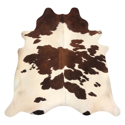 Natural Brazilian cowhide rug in Mocha & Ivory with Exotic markings, 214 x 227 cm