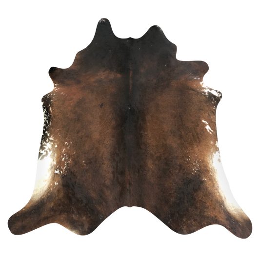 Natural Brazilian cowhide rug in Mocha, Espresso & Ivory with exotic markings, 228 x 240 cm