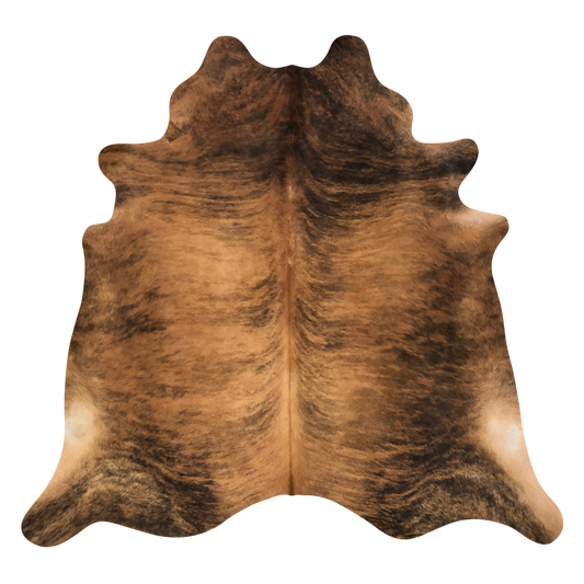 Natural Brazilian cowhide rug in Caramel, Espresso & Ivory with Brindle markings, 205 x 230 cm
