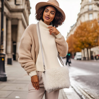 Sheepskin Crossbody Bag Clutch, Ivory and Grey