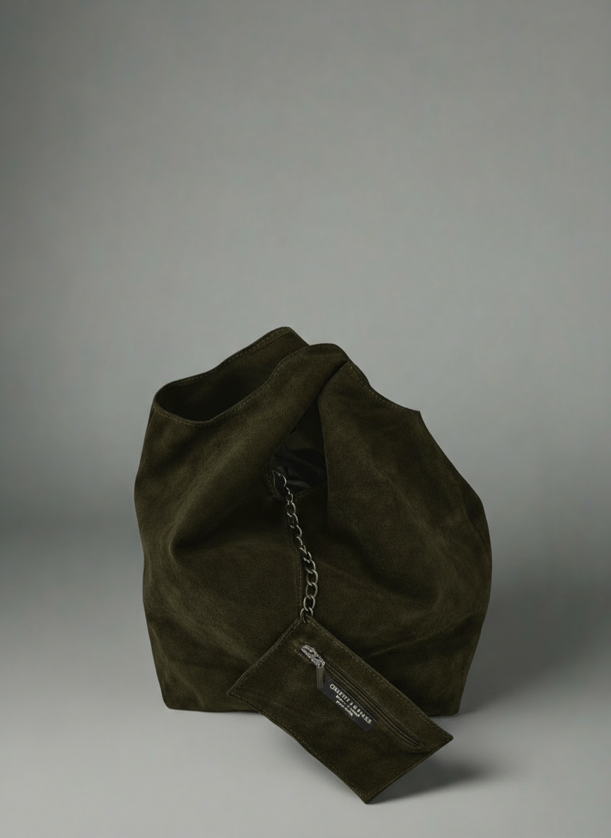 Giannina Suede Leather Shoulder Tote Bag With Internal Pouch by Clemés (Dark Olive)