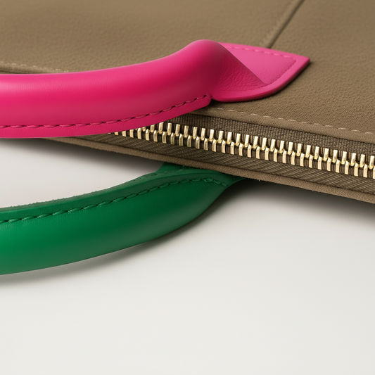Milano Suede Bag, Taupe, with Adjustable Shoulder Strap, Fuchsia & Green Leather Handles by Clemés