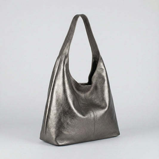 Silvia Metallic Suede Slouch Bag by Clemés, Titanium