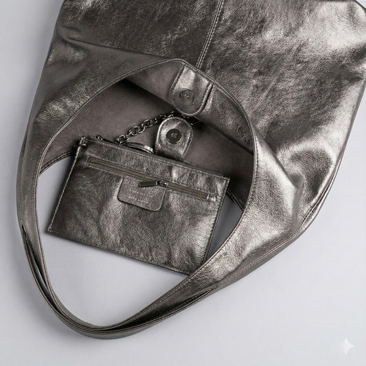 Silvia Metallic Suede Slouch Bag by Clemés, Titanium