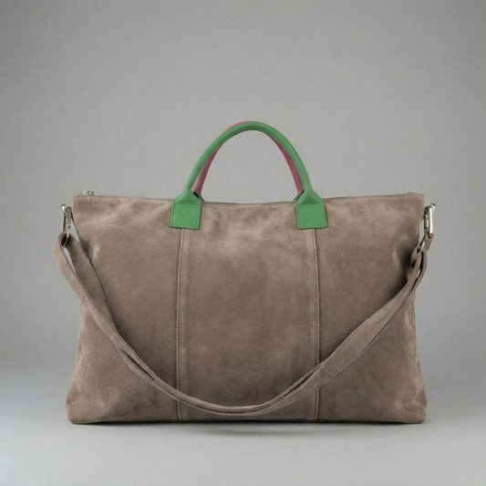 Milano Suede Bag, Taupe, with Adjustable Shoulder Strap, Fuchsia & Green Leather Handles by Clemés